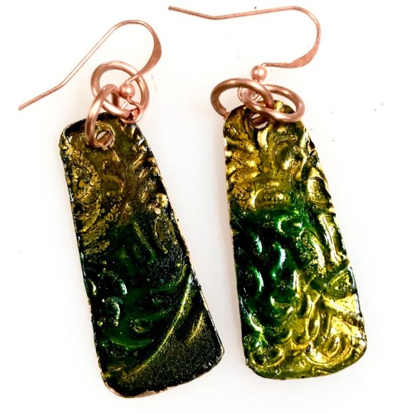 Rustic Little  Green Blue Textured Solid Copper Earrings Brutalist Abstract Boho - Picture 6 of 8